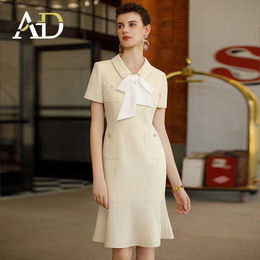 AD淡黄色荷叶边连衣裙女上班族职业装气质女神范夏季短袖西装裙子 商品图1