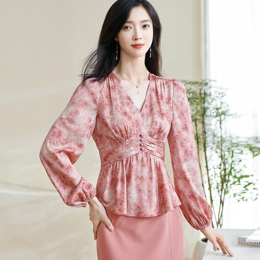 米思阳2026春季新款优雅修身气质衬衫高腰风琴褶设计晕染上衣0265 商品图0