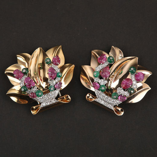 独角鹿西洋古董20世纪法国出品18K黄金镶嵌钻石祖母绿及红宝石水果锦囊风格花篮造型胸针一对 商品图1