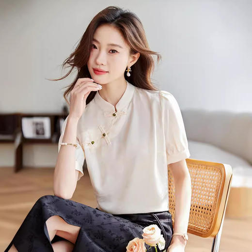 HT-8850新中式国风气质短袖衬衫女夏装夏季新款复古显瘦小衫女士上衣 商品图1