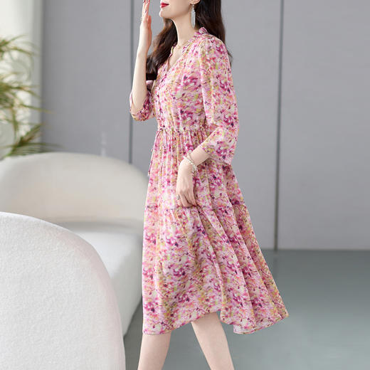 69441春季女中长款春夏新款桑蚕丝真丝连衣裙系带收腰碎花裙 商品图1