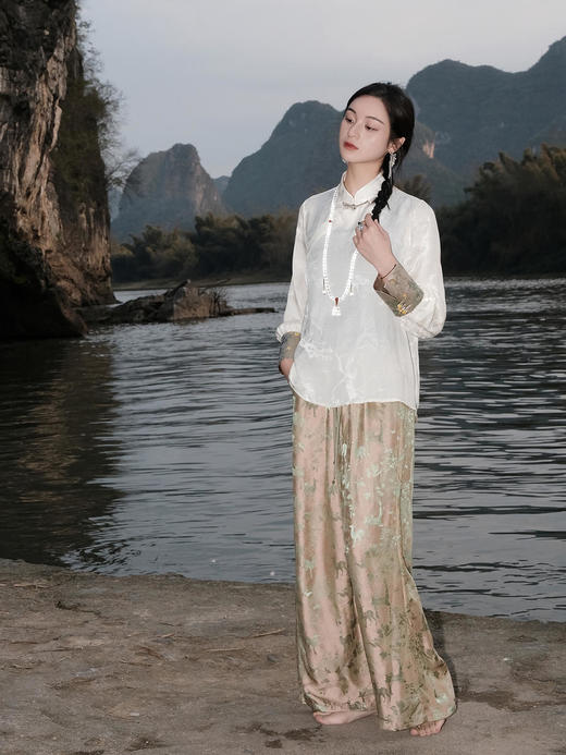 盛唐婧 |桑蚕丝一鹿有你宽松直筒裤-粉绿 商品图2