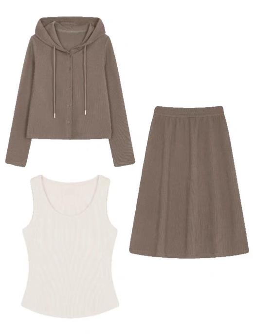 雀说时髦休闲运动针织三件套新款连帽上衣背心长裙套装女AL8074 商品图4