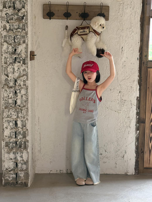 【清新优雅，自由舒适！】童套装2024夏女童韩版字母印花吊带，儿童休闲宽松牛仔阔腿裤两件套！ 商品图2