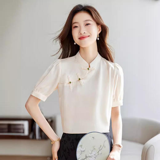 HT-8850新中式国风气质短袖衬衫女夏装夏季新款复古显瘦小衫女士上衣 商品图2