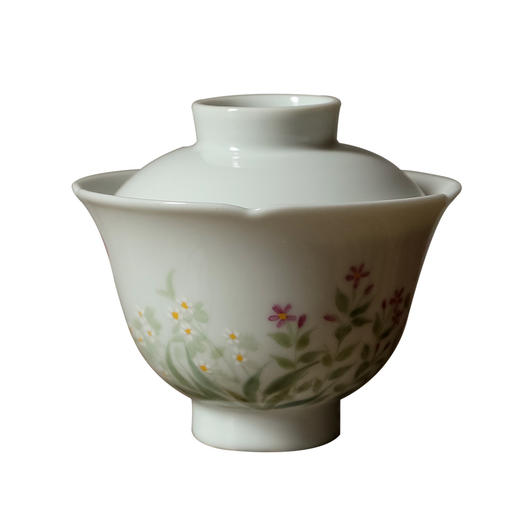 茶香记 南山夏 甜白春日花园盖碗 甜白釉 古法制瓷 元宝盖碗 古彩手绘 商品图5