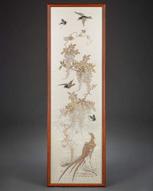 独角鹿西洋古董20世纪初中国出品传统四季花鸟主题粤绣四条屏 商品图5