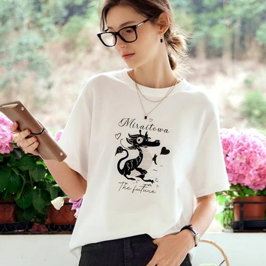 OLrain欧芮儿短袖T恤女夏季2024年新款简约宽松趣味百搭印花上衣 商品图0