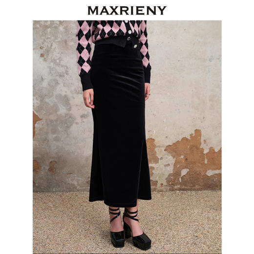 MAXRIENY精致复古丝绒鱼尾半裙2023秋冬新款法式长裙(货号:MS88SK522) 商品图2