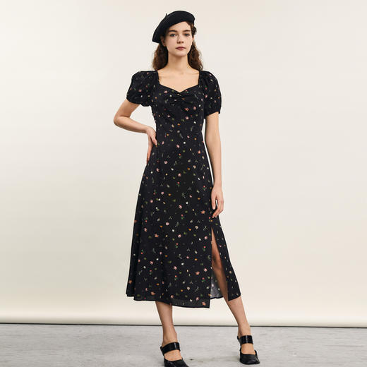 谜底碎花连衣裙短袖女2024夏季新品优雅浪漫前开叉长裙242ML0699 商品图0