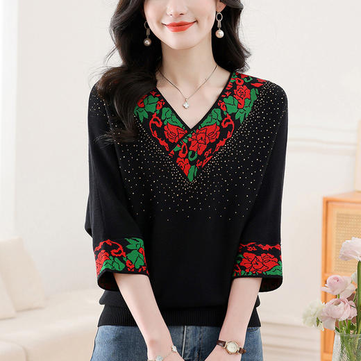 五分袖国风印花，V领冰丝t恤针织衫CC-21-335 商品图3