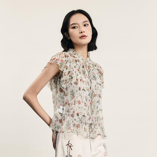 谜底碎花上衣短袖女2024夏季新品复古法式浪漫真丝衬衫242GS0607 商品图1