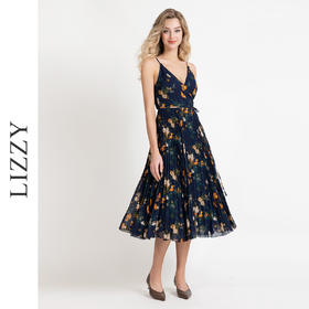 LIZZY 时尚优雅浪漫印花百褶一片式度假风裹身吊带连衣裙7997