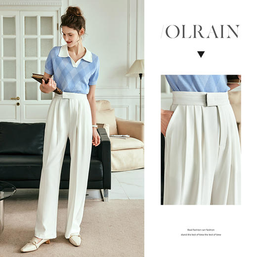 OLrain欧芮儿法式豆绿色休闲裤女夏季2023年新款高腰阔腿垂感长裤 商品图3