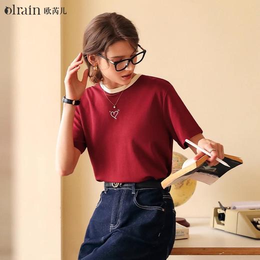 OLrain欧芮儿红色宽松T恤女春夏2024年新款百搭减龄爱心刺绣短袖 商品图0