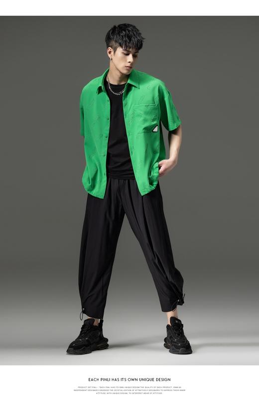 PINLI品立夏季新款纯色翻领衬衫潮牌字母短袖衬衣休闲男上衣B232113026 商品图3