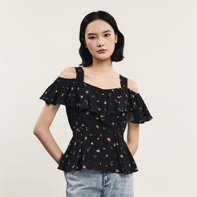 谜底露肩修身上衣短袖女2024夏季新品优雅浪漫碎花小衫242MS0717