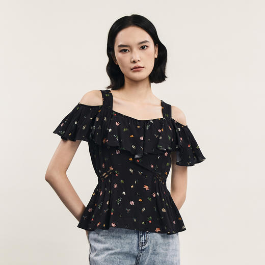 谜底露肩修身上衣短袖女2024夏季新品优雅浪漫碎花小衫242MS0717 商品图0
