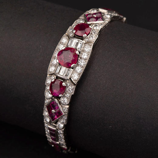 独角鹿西洋古董1930年代英国出品装饰艺术风格铂金镶嵌红宝石及钻石手链 商品图1