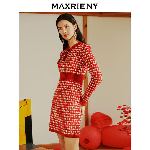 MAXRIENY新中式千鸟格连衣裙复古旗袍泡泡袖收腰裙子新年春节穿搭(货号:MS88DR005) 商品图2