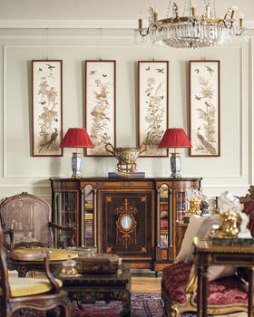 独角鹿西洋古董20世纪初中国出品传统四季花鸟主题粤绣四条屏