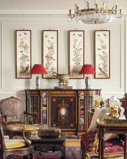 独角鹿西洋古董20世纪初中国出品传统四季花鸟主题粤绣四条屏 商品图0