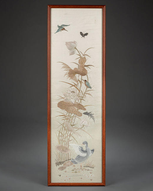 独角鹿西洋古董20世纪初中国出品传统四季花鸟主题粤绣四条屏 商品图4