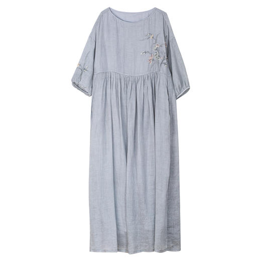 牧衣游原创 手工刺绣炒色苎麻连衣裙女夏轻薄圆领宽松长裙 木芍药 商品图4