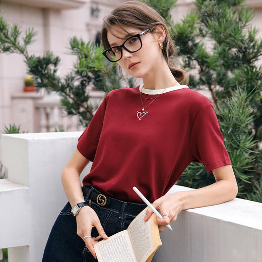 OLrain欧芮儿红色宽松T恤女春夏2024年新款百搭减龄爱心刺绣短袖 商品图1