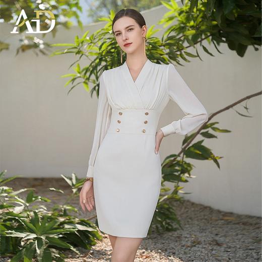 AD米白色西装连衣裙气质女神范2024夏季新款雪纺接拼续长袖掐腰裙 商品图3
