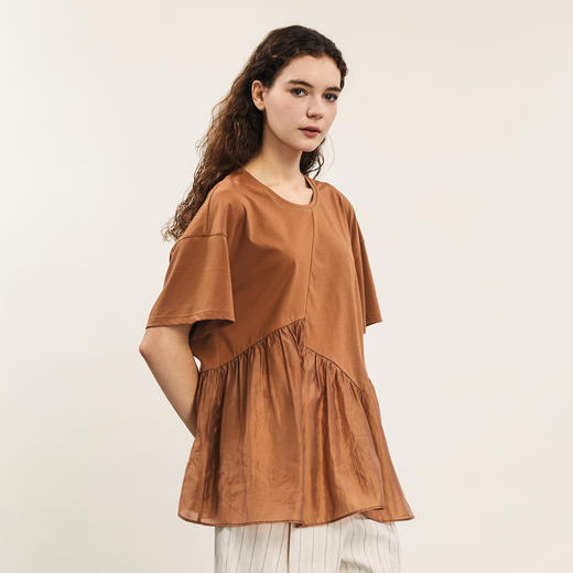 谜底宽松T恤短袖女2024夏季新品时尚拼接A型中长款上衣242MT0608 商品图1