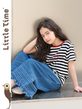 littletime女童t恤潮字母印花2024夏季洋气韩版条纹纯棉宽松短袖