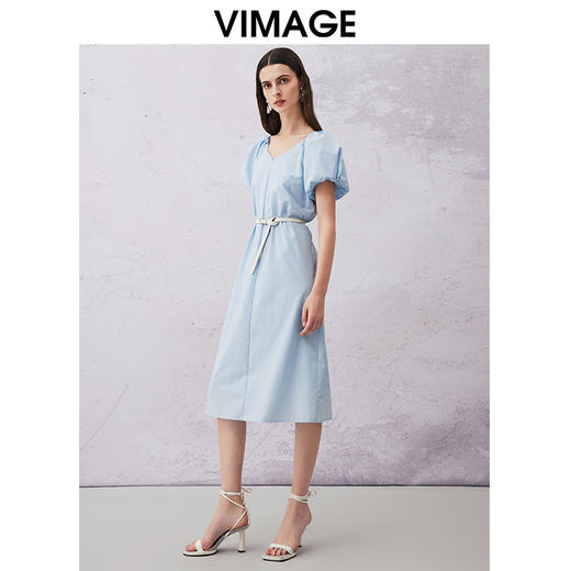 VIMAGE纬漫纪夏季新款法式复古泡泡袖V领收腰气质连衣裙V2107754 商品图1
