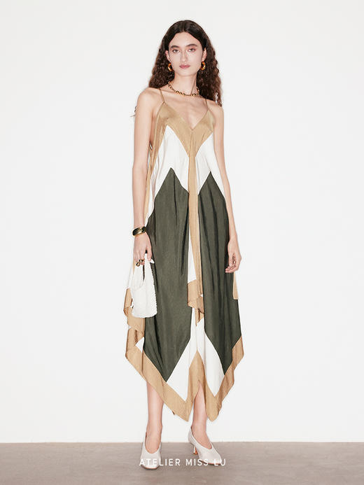 【夏日托斯卡纳】几何撞色印花醋酸吊带连衣裙 商品图1