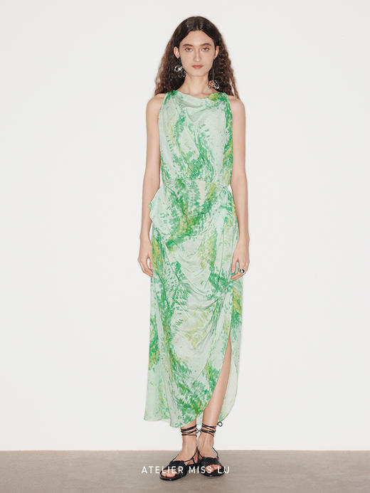 【盛夏树影】品牌定染印花桑蚕丝无袖立裁连衣裙 商品图0