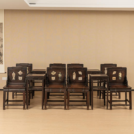 清 红木镶云石博古图开窗背屏椅成堂（八椅四几） 商品图0