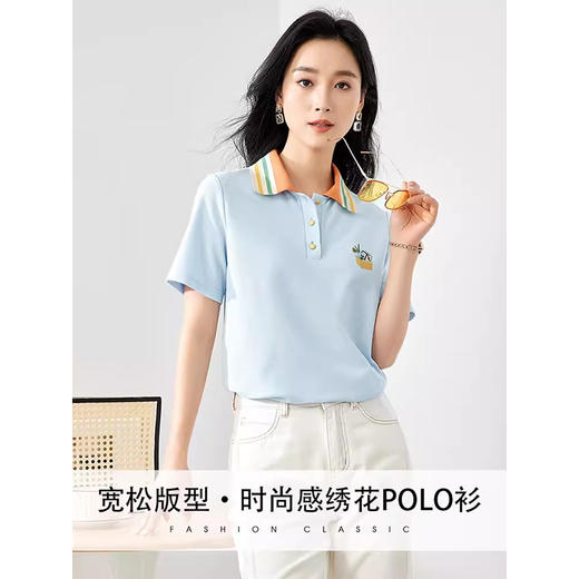 2024夏季新款女绣花POLO领短袖T恤时尚感宽松薄款正肩上衣  SN755 商品图2