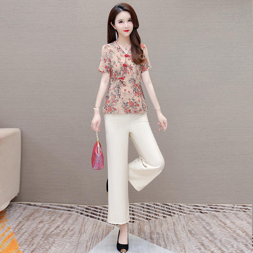 QYMKSY-CXJZ10-L夏款国风印花短袖时尚小衫简约宽松显瘦休闲阔腿裤大码两件套裤 商品图2