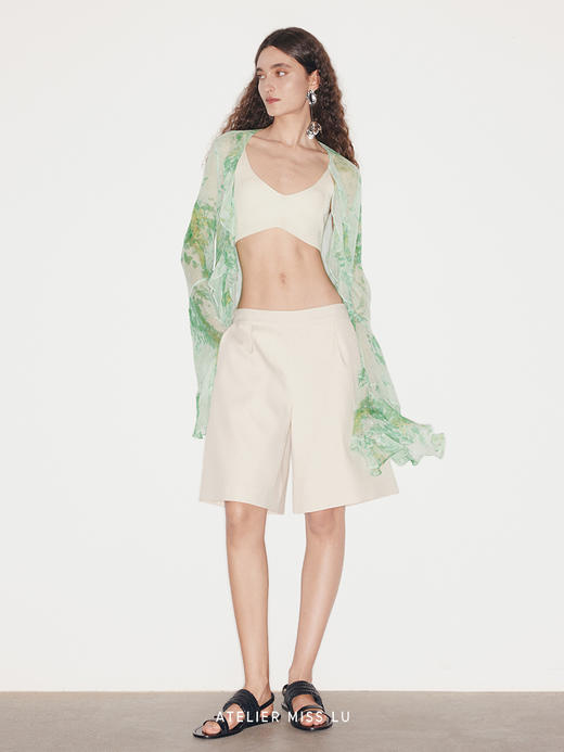 【科莫湖】品牌定染印花桑蚕丝荷叶边阔袖上衣 商品图1