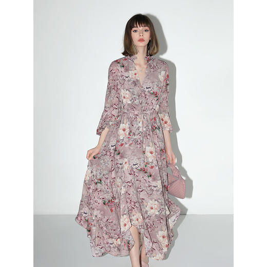 COCOBELLA不规则荷叶大摆印花连衣裙度假风立领衬衫裙FR7043 商品图3