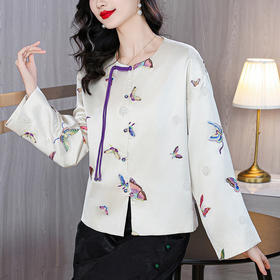 AHM-2828紫色新中式蝴蝶刺绣外套复古盘扣国风圆领薄款上衣
