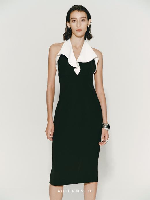 【白日浪花】波浪领撞色拼接露背挂脖修身连衣裙 商品图3