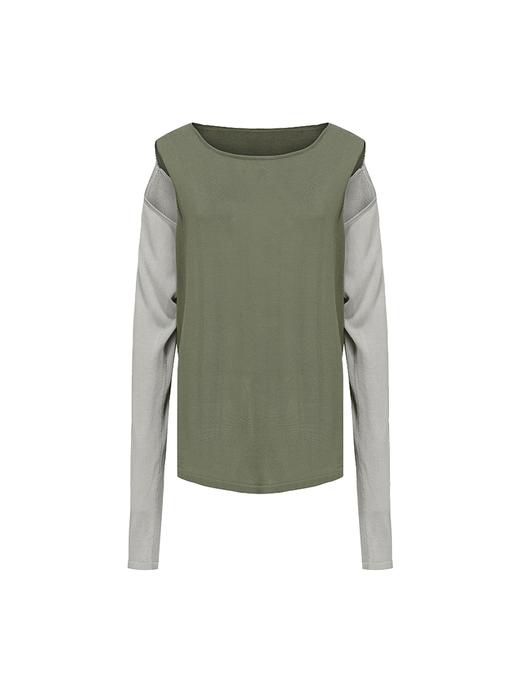 【奶霜抹茶】撞色拼接假两件露肩针织上衣 商品图4