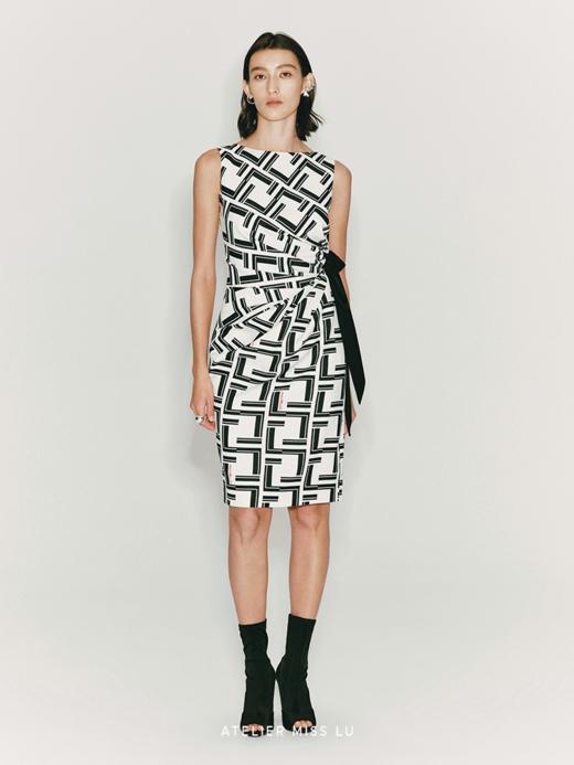 【涟漪】品牌定制字母印花飘带褶皱修身连衣裙 商品图1