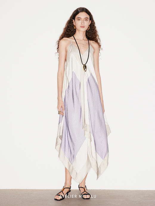 【卡普里海风】几何撞色印花醋酸吊带连衣裙 商品图0