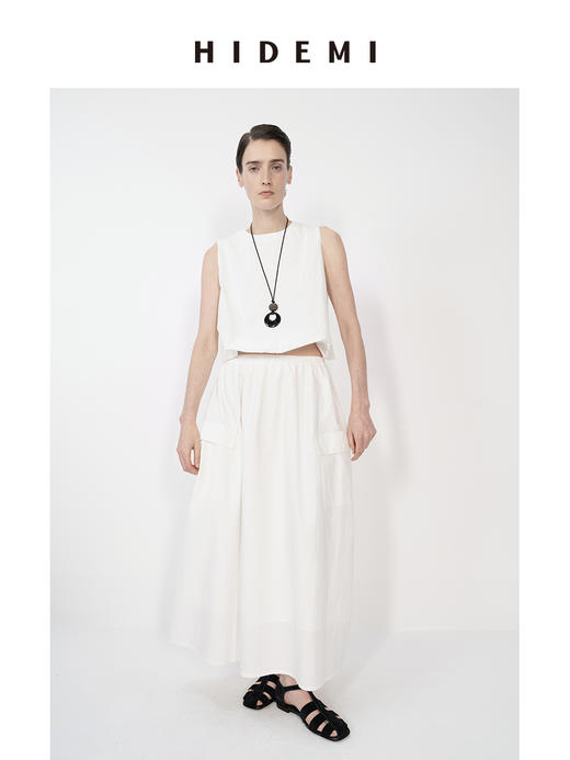 HIDEMI 微褶皱水洗棉简约设计大口袋休闲伞状上衣半身裙套装 商品图2