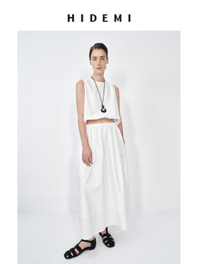 HIDEMI 微褶皱水洗棉简约设计大口袋休闲伞状上衣半身裙套装