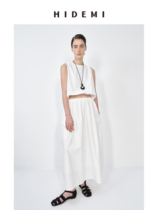 HIDEMI 微褶皱水洗棉简约设计大口袋休闲伞状上衣半身裙套装 商品图0
