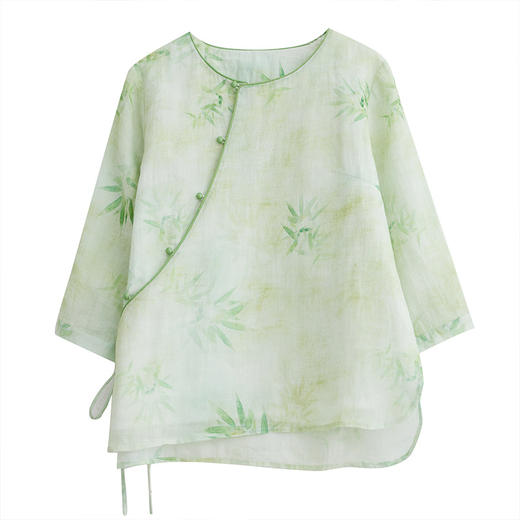 SJ9539 中式复古棉麻印花斜襟七分袖衬衫2024夏新款文艺女装碎花宽松上衣 商品图4