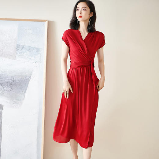 【预售5天】夏季新款重磅真丝连衣裙气质酒红色收腰显瘦中长裙ZYL00043 商品图2